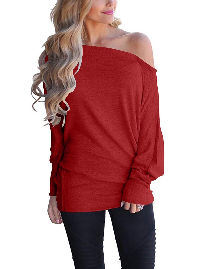 Poetsky Women's Casual Off The Shoulder Tops Loose Batwing Sleeve Tunics Blouse, Dark Red, L - Image 1